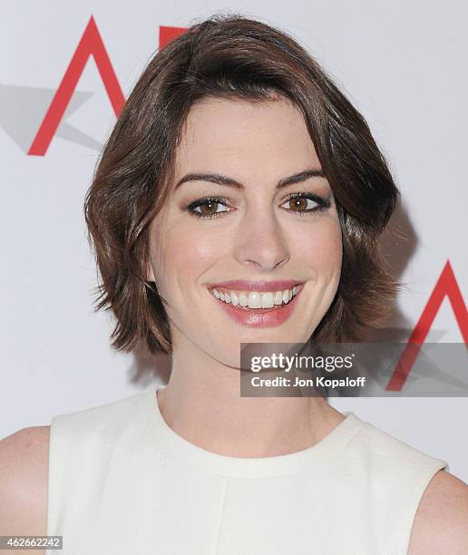 Actress Anne Hathaway arrives at the 15th Annual AFI Awards at Four Seasons Hotel Los Angeles at Beverly Hills on January 9, 2015 in Beverly Hills,...