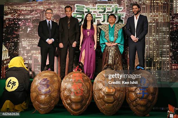 Producer Brad Fuller, actor Will Arnett, actress Megan Fox, japanese comedian Cunning Takeyama and producer Andrew Form attend the Tokyo Premiere of...