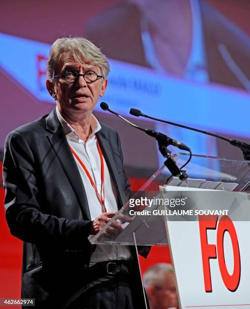 Jean-Claude Mailly, general secretary of the Force Ouvriere labour union, gives a speech during the FO national rally on February 2, 2015 in Tours,...