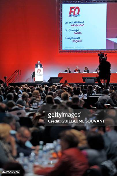 Jean-Claude Mailly , general secretary of the Force Ouvriere labour union gives a speech during the FO national rally on February 2, 2015 in Tours,...