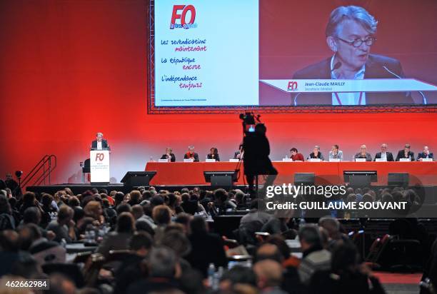 Jean-Claude Mailly , general secretary of the Force Ouvriere labour union gives a speech during the FO national rally on February 2, 2015 in Tours,...