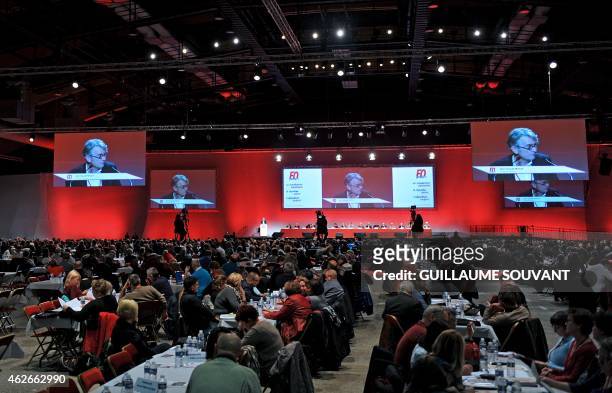 Jean-Claude Mailly , general secretary of the Force Ouvriere labour union, gives a speech during the FO national rally on February 2, 2015 in Tours,...