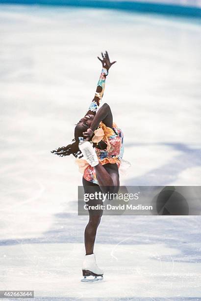 Surya Bonaly of France competes in the Technical Program portion of the Women's Figure Skating singles competition of the 1994 Winter Olympic Games...