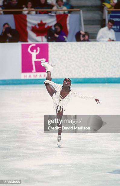 Surya Bonaly of France competes in the Free Skate portion of the Women's Figure Skating singles competition of the 1994 Winter Olympic Games on...