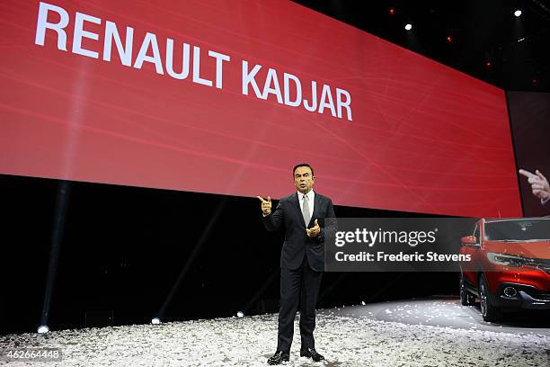 Chief executive officer of Renault SA Carlos Ghosn presents the new Kadjar car at La Cite du Cinema on February 2, 2015 in Saint-Denis, France. The...