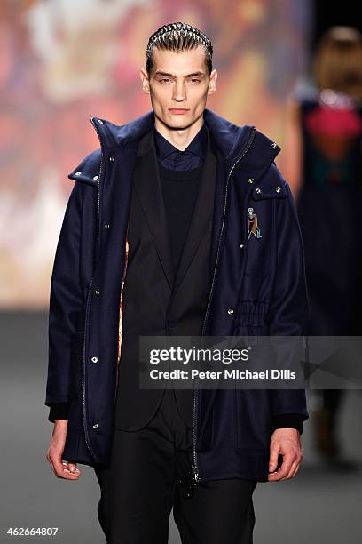 Model walks the runway at the Kilian Kerner show during Mercedes-Benz Fashion Week Autumn/Winter 2014/15 at Brandenburg Gate on January 14, 2014 in...