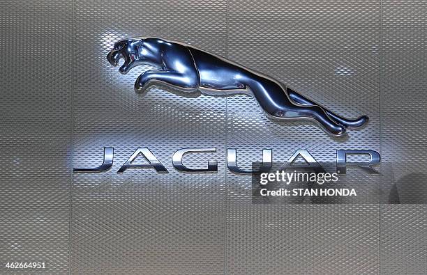 The Jaguar logo is seen during a press preview at the North American International Auto Show January 14, 2014 in Detroit. AFP PHOTO/Stan HONDA