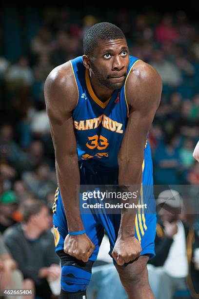 Festus Ezeli of the Santa Cruz Warriors during a break in the action against the Reno Bighorns during an NBA D-League game on January 31, 2015 at the...