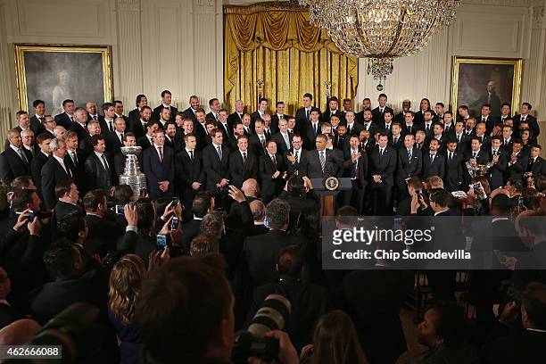 President Barack Obama hosts the National Hockey League champions Los Angeles Kings and the Major League Soccer champions Los Angeles Galaxy in the...