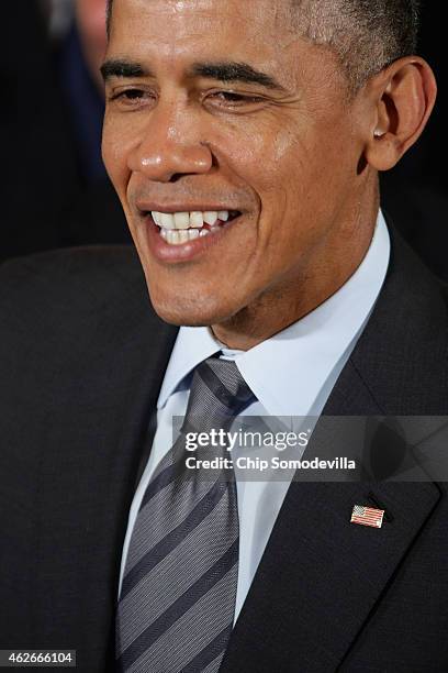 President Barack Obama delivers remarks while hosting the National Hockey League champions Los Angeles Kings and the Major League Soccer champions...