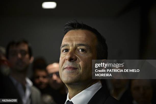 Portuguese football manager Jorge Mendes stands in front of the press during the release of the book "The Special Agent" written by Miguel Cuesta and...