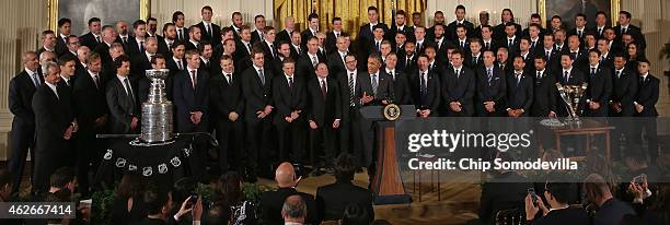 President Barack Obama hosts the National Hockey League champions Los Angeles Kings and the Major League Soccer champions Los Angeles Galaxy in the...