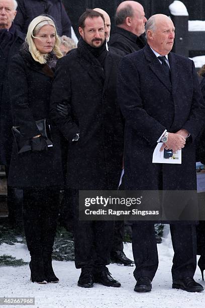 Crown Princess Mette-Marit of Norway, Crown Prince Haakon of Norway and King Harald V of Norway attend the Funeral Service of Mr Johan Martin Ferner,...