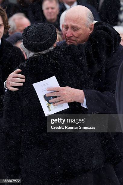 Princess Astrid of Norway and King Harald V of Norway attend the Funeral Service of Mr Johan Martin Ferner on February 2, 2015 in Oslo, Norway.