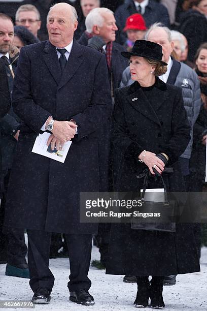 King Harald V of Norway and Queen Sonja of Norway attend the Funeral Service of Mr Johan Martin Ferner on February 2, 2015 in Oslo, Norway.