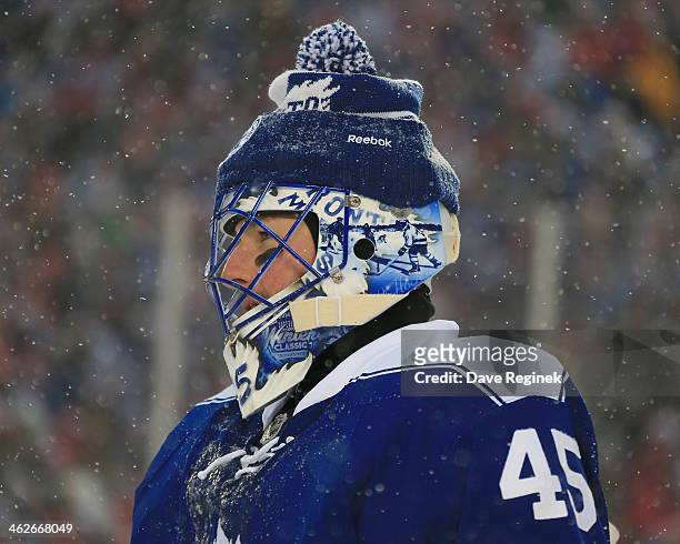 Jonathan Bernier of the Toronto Maple Leafs follows the play against the Detroit Red Wings during the Bridgestone NHL Winter Classic on January 1,...
