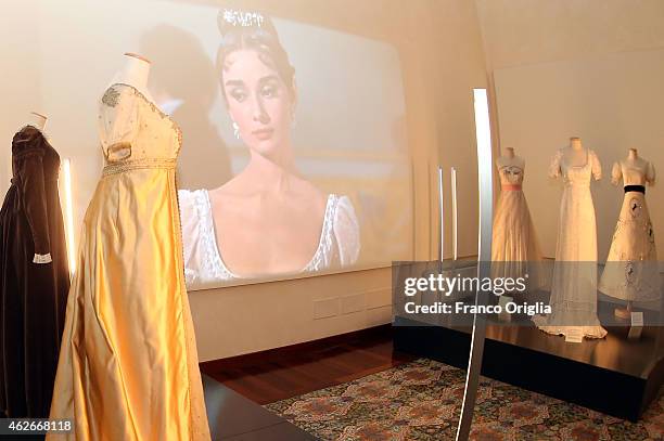 Dresses for the movie 'War and Peace' worn by Audrey Hepburn are shown during the 'I Vestiti Dei Sogni' Exhibition Opening at Palazzo Braschi on...