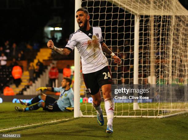 Ashkan Dejagah of Fulham celebrates as he scores their second goal during the FA Cup with Budweiser Third round replay match between Fulham and...