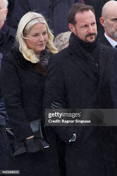 Crown Princess Mette-Marit of Norway and Crown Prince Haakon of Norway attend the Funeral Service of Mr Johan Martin Ferner on February 2, 2015 in...