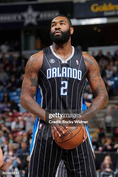 Kyle O'Quinn of the Orlando Magic attempts a free throw shot against the Sacramento Kings on January 10, 2014 at Sleep Train Arena in Sacramento,...