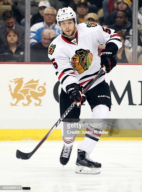 David Rundblad of the Chicago Blackhawks skates against the Pittsburgh Penguins during the game at Consol Energy Center on January 21, 2015 in...