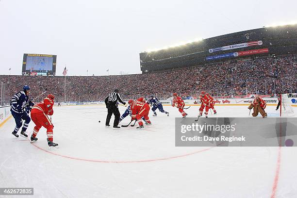 Wide view of the first period action between the Detroit Red Wings and the Toronto Maple Leafs during the Bridgestone NHL Winter Classic on January...