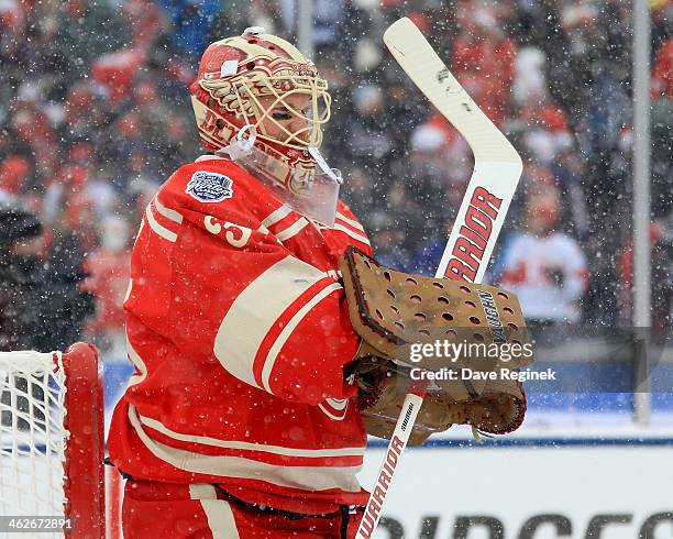 Jimmy Howard of the Detroit Red Wings tends the net in warm-ups before the Bridgestone NHL Winter Classic game against the Toronto Maple Leafs on...