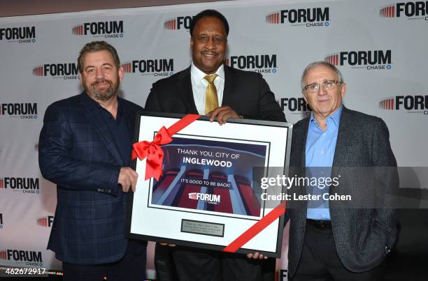 James L. Dolan, Executive Chairman, The Madison Square Garden Company, Mayor of Inglewood James T. Butts and Irving Azoff, CEO, Azoff MSG...