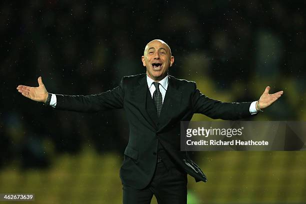 Giuseppe Sannino the Watford manager reacts during the Budweiser FA Cup third round replay match between Watford and Bristol City at Vicarage Road on...