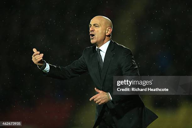 Giuseppe Sannino the Watford manager directs his players during the Budweiser FA Cup third round replay match between Watford and Bristol City at...