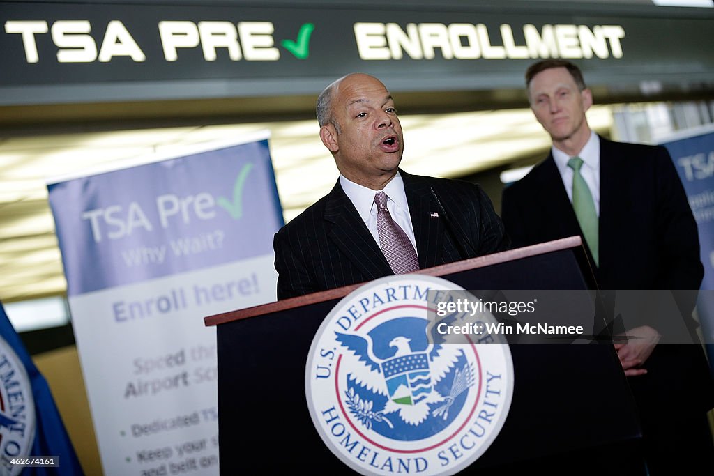 Homeland Security Head Jeh Johnson And TSA Chief John Pistole Speak At TSA Pre-Screening Center At Dulles Airport