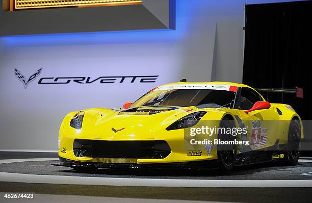 The Chevrolet Corvette C7R race car is displayed during the 2014 North American International Auto Show in Detroit, Michigan, U.S., on Tuesday, Jan....