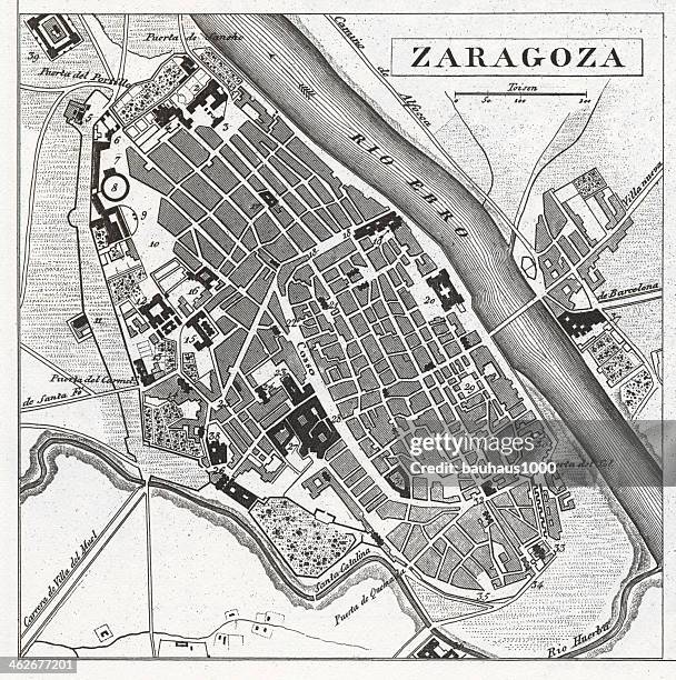 ilustraciones, imágenes clip art, dibujos animados e iconos de stock de grabado: zaragoza, españa - zaragoza