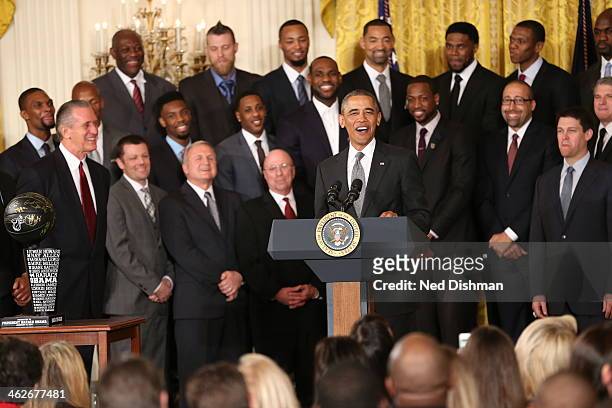 President Barack Obama welcomes the 2012-2013 National Basketball Association champion Miami Heat to the White House for a visit on January 14, 2014...