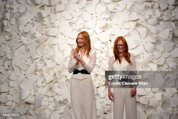 Designer Alexandra Fischer-Roehler and Johanna Kuehl acknowledge the audience at the Kaviar Gauche show during Mercedes-Benz Fashion Week...