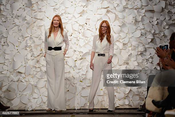 Designer Alexandra Fischer-Roehler and Johanna Kuehl acknowledge the audience at the Kaviar Gauche show during Mercedes-Benz Fashion Week...