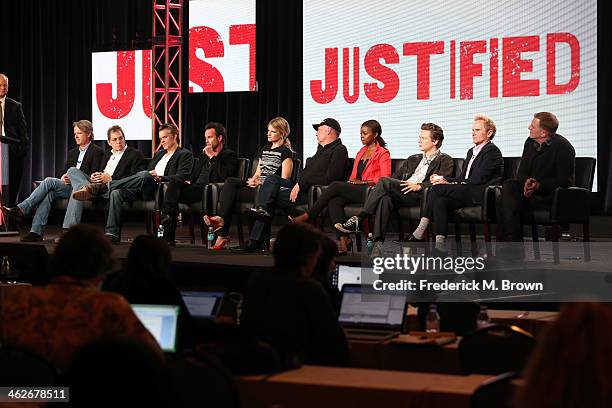 Graham Yost, Executive Producer, Michael Dinner, Executive Producer, actors Timothy Olyphant, Walton Goggins, Joelle Carter, Nick Searcy, Erica...