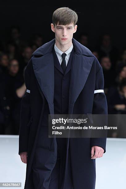 Model walks the runway during the Z Zegna show as a part of Milan Fashion Week Menswear Autumn/Winter 2014 on January 14, 2014 in Milan, Italy.