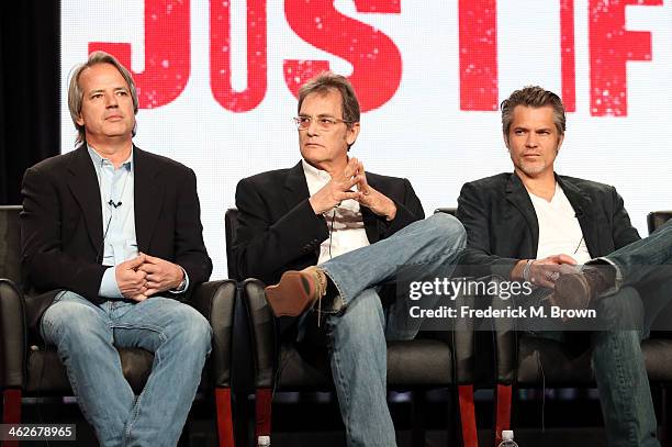 Graham Yost, Executive Producer, Michael Dinner, Executive Producer and actor Timothy Olyphant of the television show 'Justified" onstage during the...