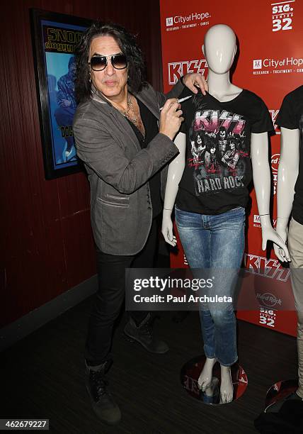 Musician Paul Stanley of the Rock Band KISS unveils the 32nd edition of the KISS signature series T-shirt to benefit The City Of Hope at the Hard...