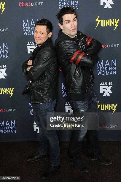 Actors Nick Wechsler and Sam Witwer attend the premiere of FXX's 'It's Always Sunny In Philadelphia' and 'Man Seeking Woman' at The DGA Theater on...