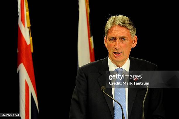 Secretary of State for Foreign and Commonwealth Affairs, Philip Hammond speaks to the media with New Zealand Minister for Foreign Affairs, Murray...