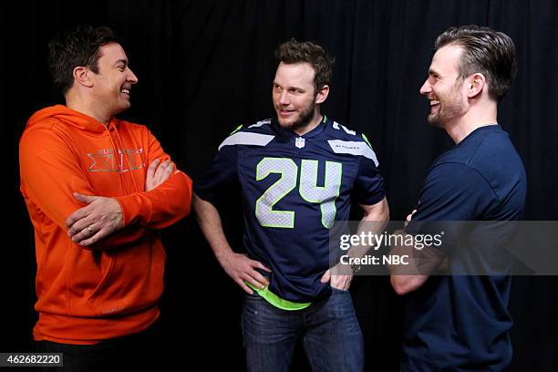 Episode 0202 -- Pictured: Host Jimmy Fallon, actor Christ Pratt and actor Chris Evans during the "Photobomb" skit on February 2, 2015 --