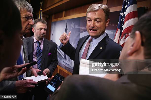 Sen. Dean Heller speaks to members of the media on unemployment insurance on January 14, 2014 on Capitol Hill in Washington, DC. The Senate has...