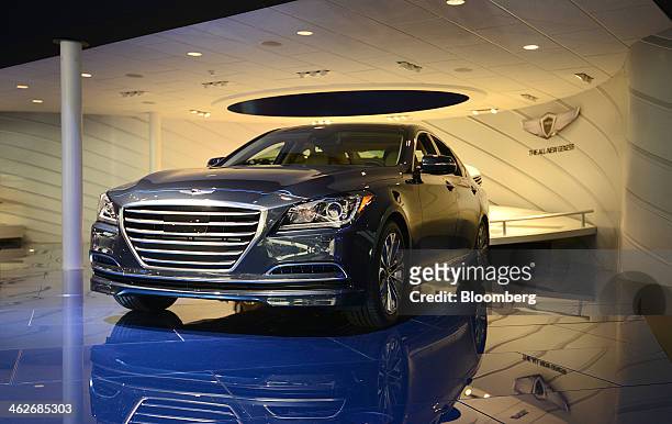 The Hyundai Motor Co. 2015 Genesis sedan vehicle is displayed during the 2014 North American International Auto Show in Detroit, Michigan, U.S., on...