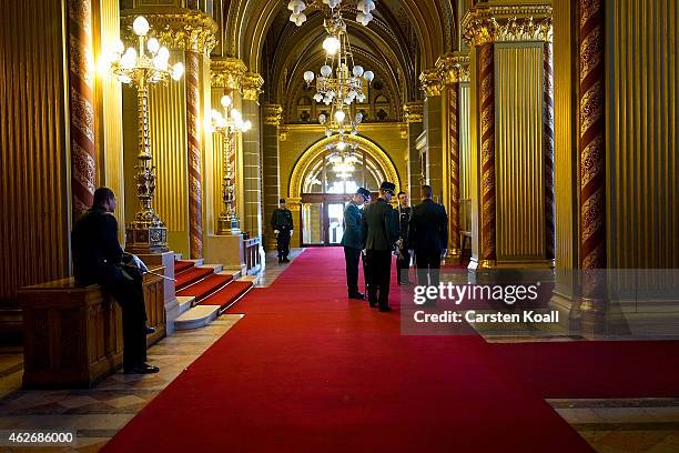 Members of the Hungarian Guard remain inside the parliament building after the visit of German Chancellor Angela Merkel on February 2, 2015 in...