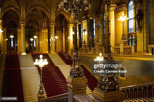 The main hall in the Hungarian Parlarment Building after the visit of German Chancellor Angela Merkel on February 2, 2015 in Budapest, Hungary....