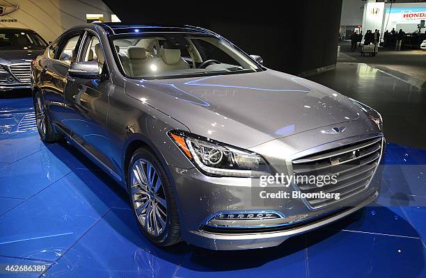 The Hyundai Motor Co. 2015 Genesis sedan vehicle is displayed during the 2014 North American International Auto Show in Detroit, Michigan, U.S., on...