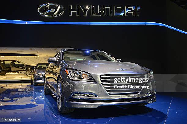 The Hyundai Motor Co. 2015 Genesis sedan vehicle is displayed during the 2014 North American International Auto Show in Detroit, Michigan, U.S., on...