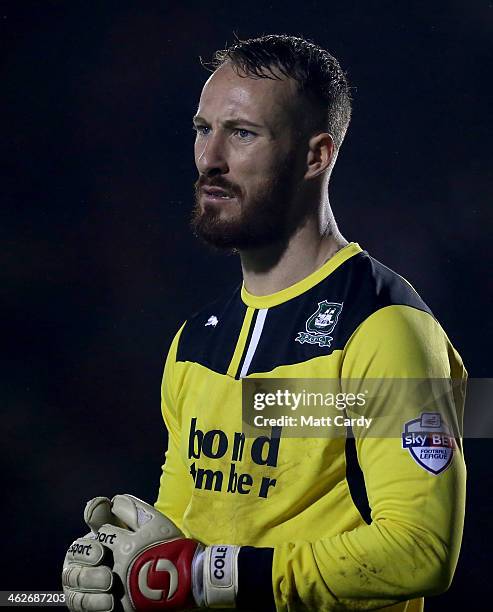 Plymouth Argyle's goalkeeper Jake Cole during the FA Cup third round replay between Plymouth Argyle and Port Vale at Home Park on January 14, 2014 in...